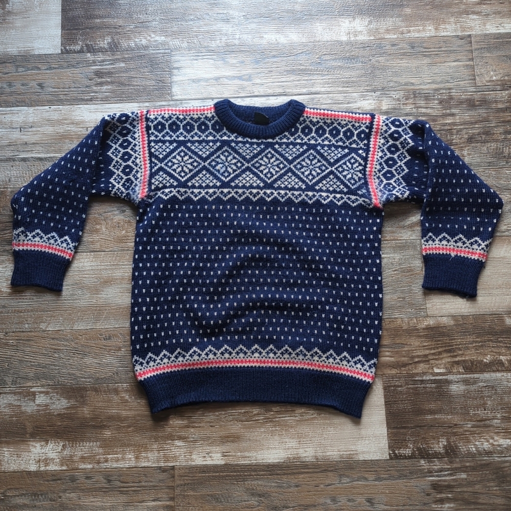 DALE OF NORWAY Classic Blue Fair Isle Wool Knit Ski Sweater Size XL *Read Desc*
